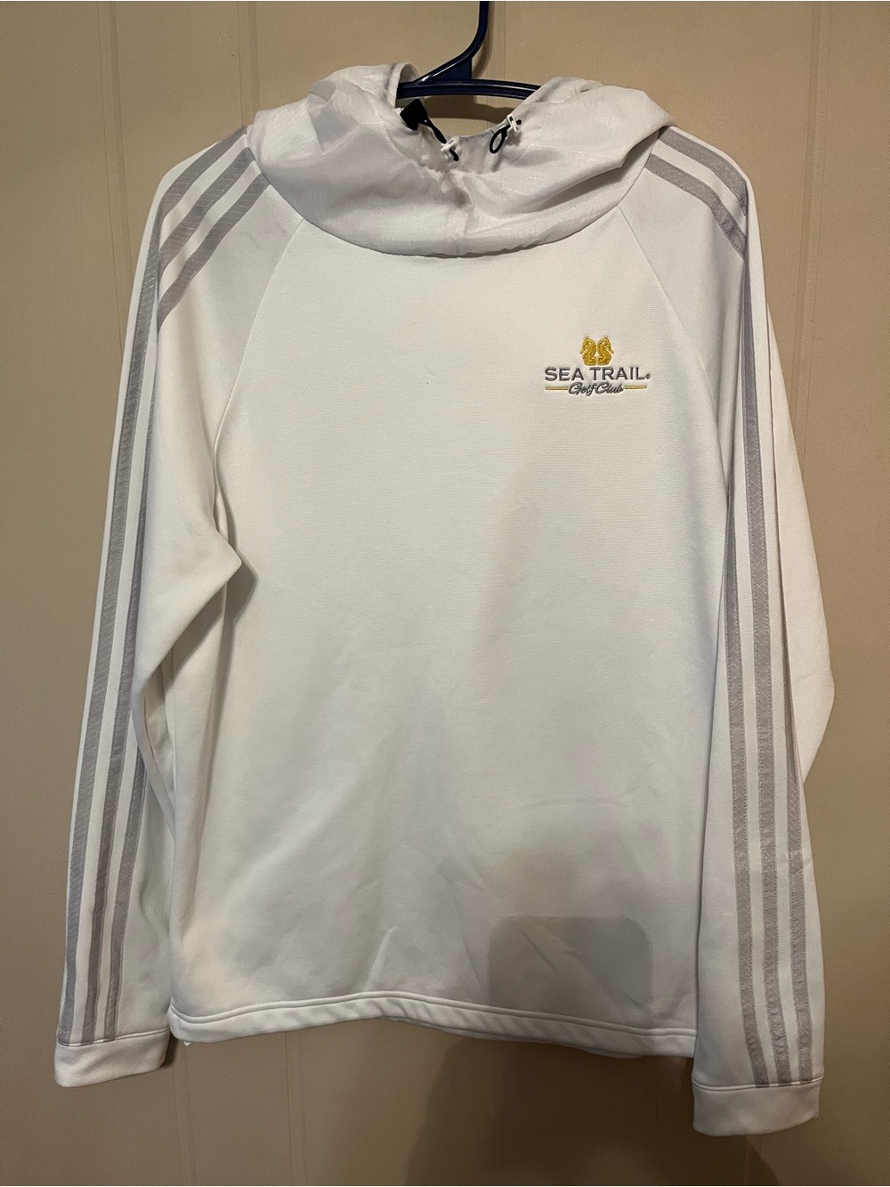 adidas White Men’s Swim Hoodie with Gray Stripes and Gold Logo